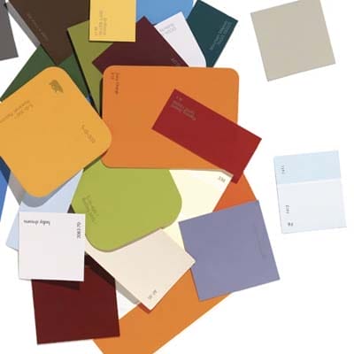 Paint color sample chips arranged on white surface.