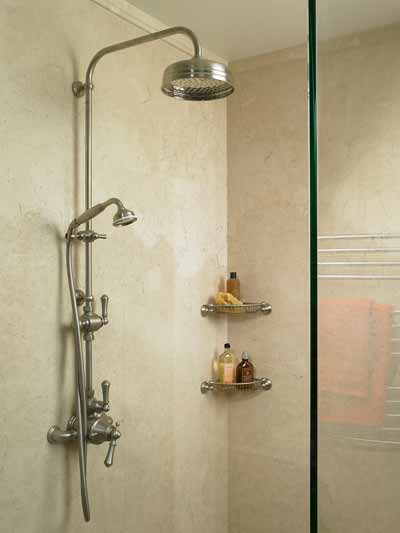 Chrome shower head and shelves.