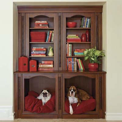 A bookcase with pet beds