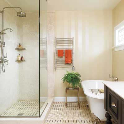 A glass shower enclosure.