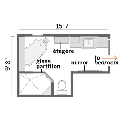 Bathroom floor plan diagram showing angled tub and shower layout.