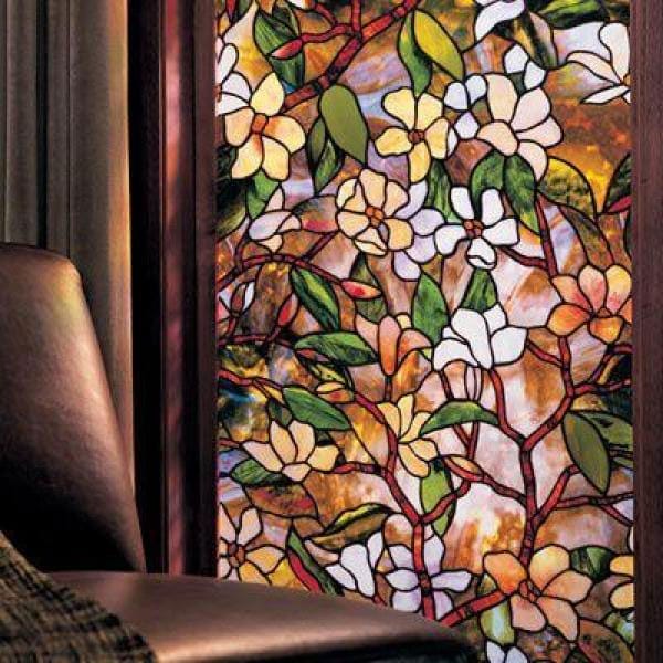 A window with stained glass window film.