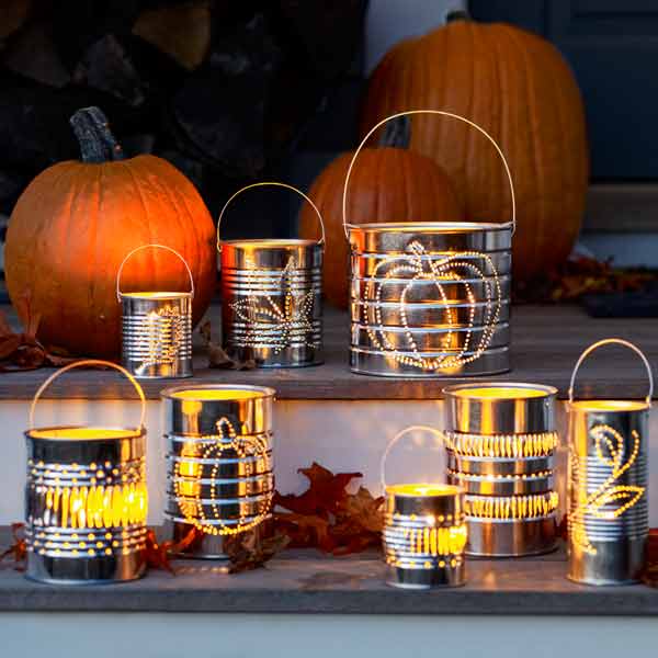 Tin-can lantern Halloween decorations.