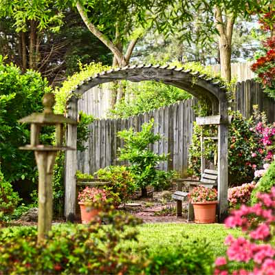 A wooden garden arbor with a green vine on top