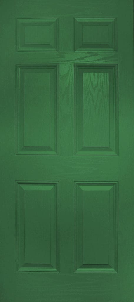 A colonial style green six-panel slab fiberglass entry door with wood-grain-texture.