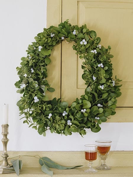 Image of a mistletoe wreath, used as a decoration for the holiday season. 