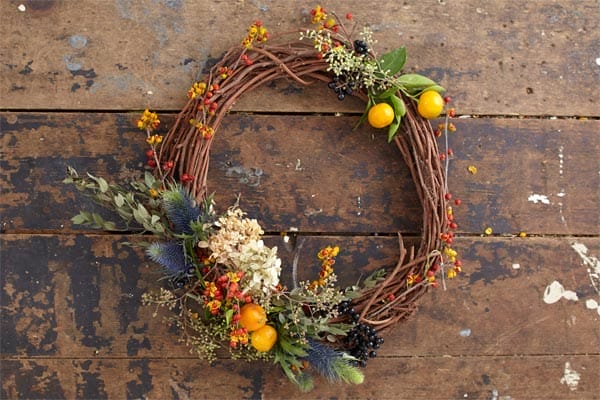 Image of a wreath made of eucalyptus used as a decoration for the holiday season. 