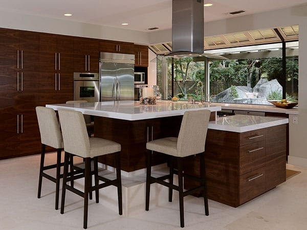 A kitchen with multilevel countertops.