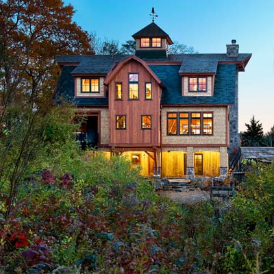 Timber frame house built with prefabrication technology.