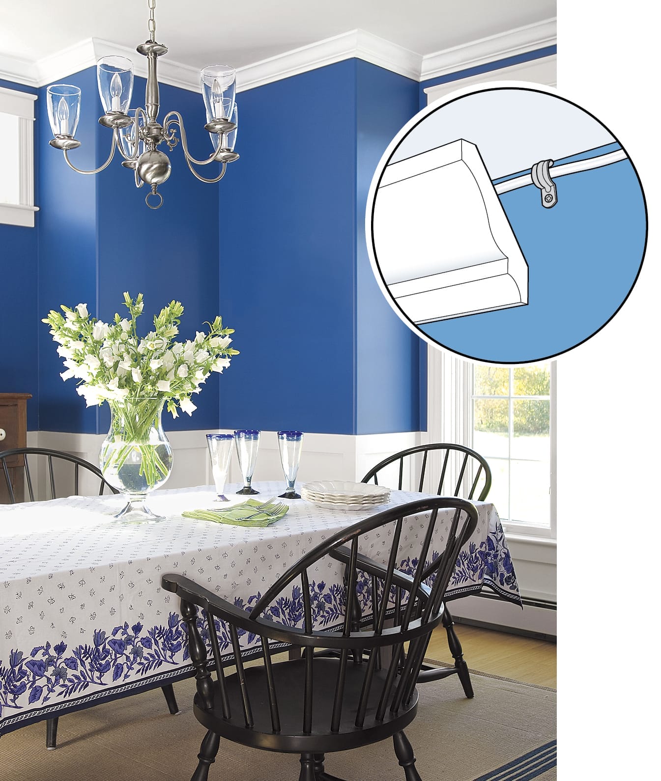 A blue dining room with a graphic depicting wiring
