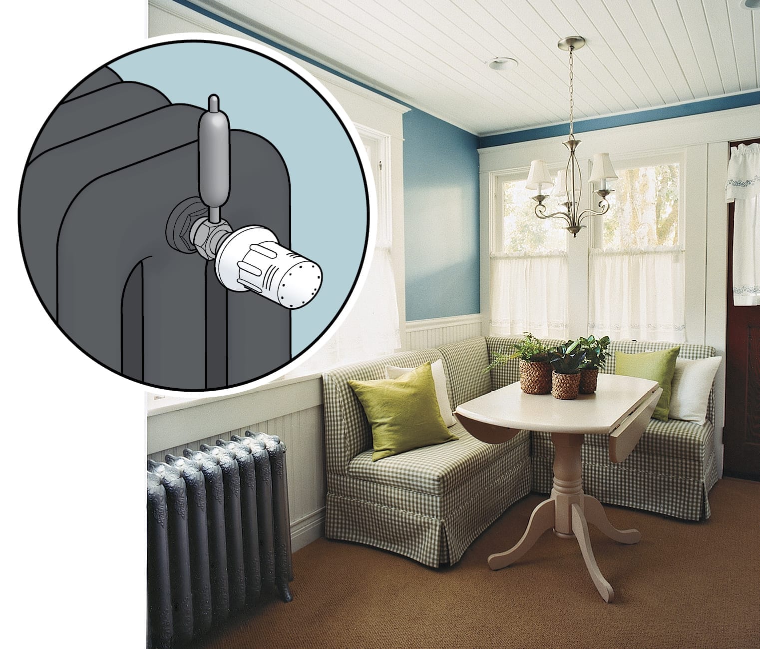 A sitting area with a close up on a radiator