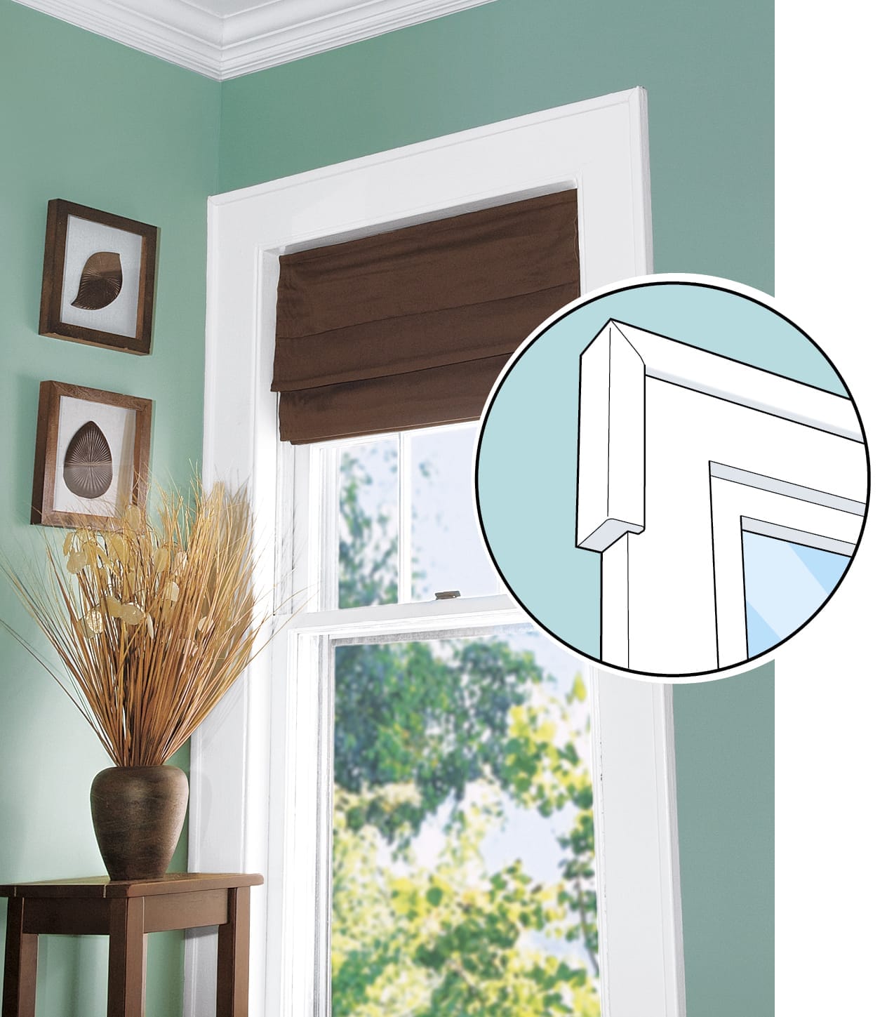 An interior window with a pull down cover