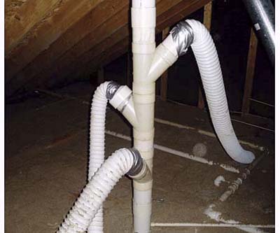 Bathroom exhaust pipe with cap trapping condensate from multiple fans.