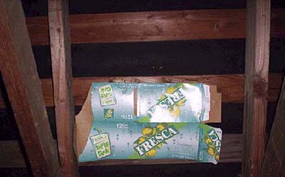 Soda box covering roof leak as temporary repair solution.