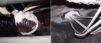 HVAC duct containing electrical wiring and plumbing pipes inside.