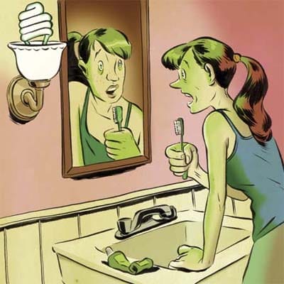 Cartoon of woman looking scared at her reflection in green lighting.