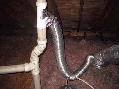 Bathroom exhaust vent incorrectly connected to plumbing vent pipe.