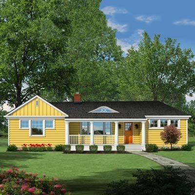 Digital illustration of a remodeled ranch house.