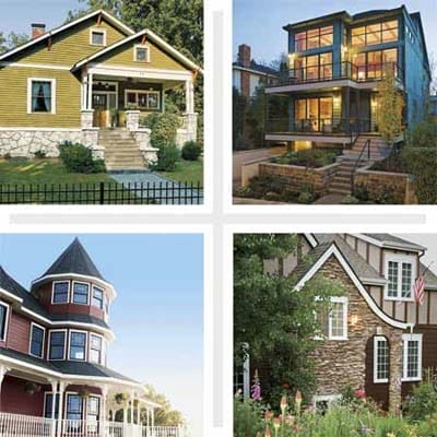 Four different styles of wood windows on different houses.