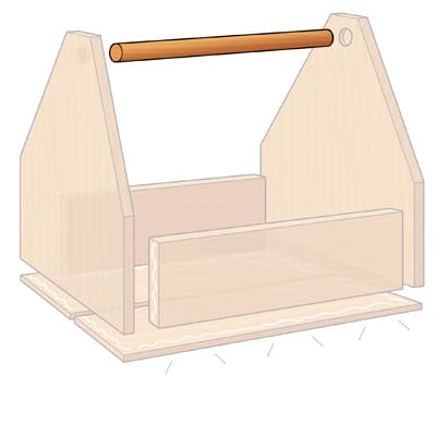 A diagram of a wooden tool tote with the handle highlighted.