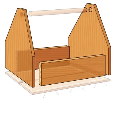 An unlabeled diagram of a tool tote with the side pieces of wood highlighted.