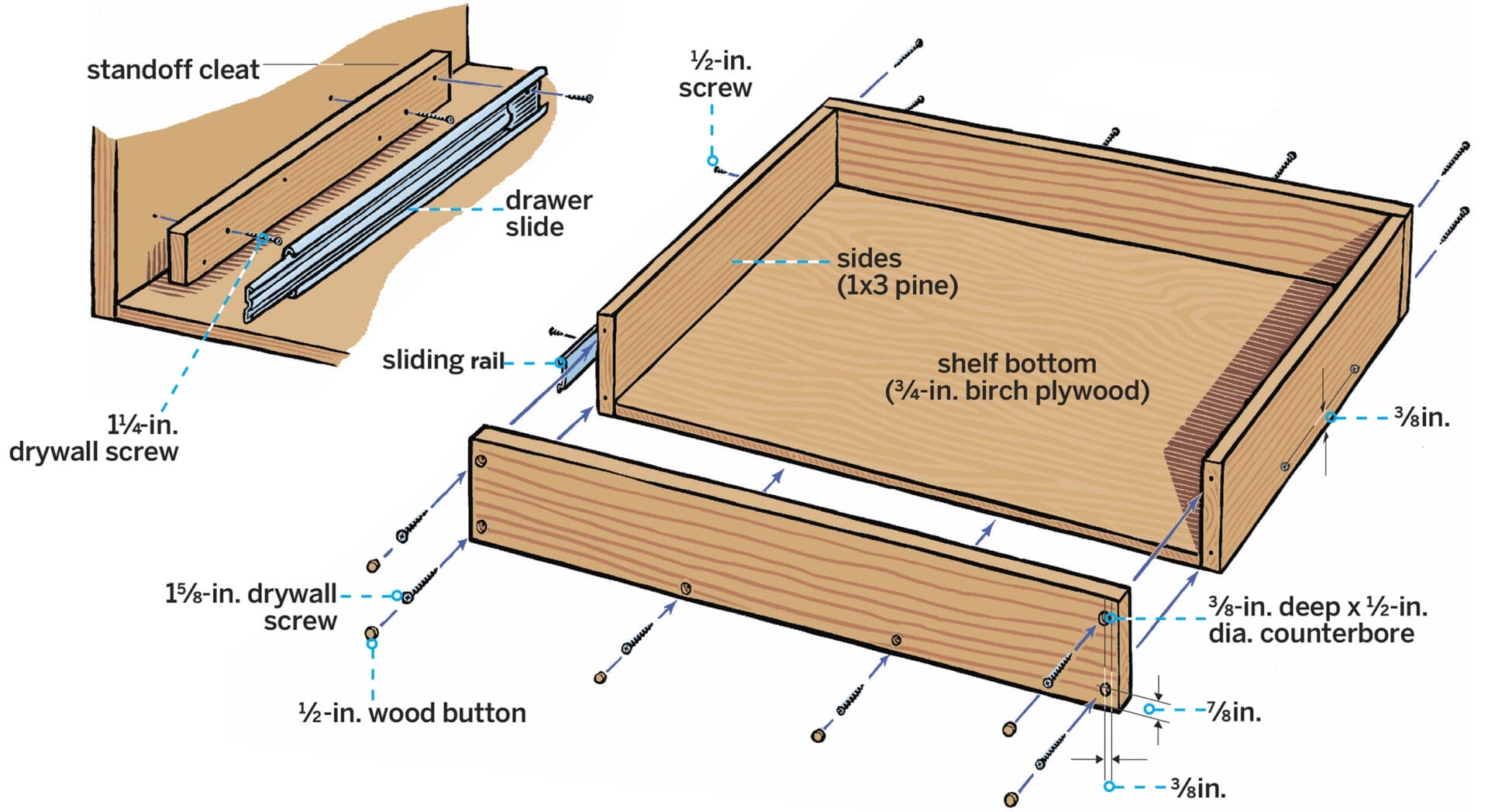a diagram of a pull-out kitchen shelf that includes all of the sizing and parts
