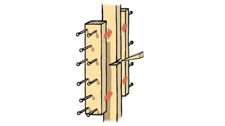 Diagram showing how to deal with uneven studs in finished drywall