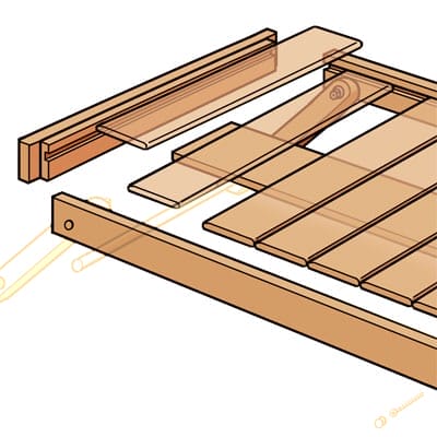 Close up illustration of how the slats of a folding serving tray are installed.