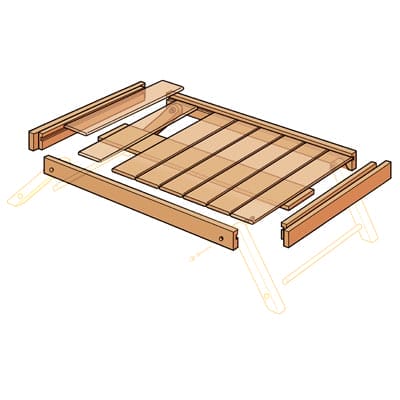 Illustration of a folding tray table highlighting the tray slats and frame pieces.