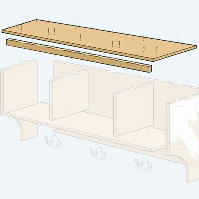 Diagram showing how to attach the top of the wall cubby shelf using nails. 