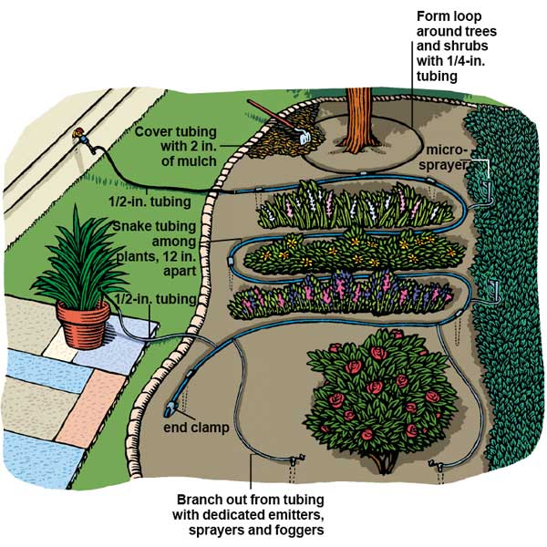 An illustration by Gregory Nemec, that details how to set up a drip irrigation system.