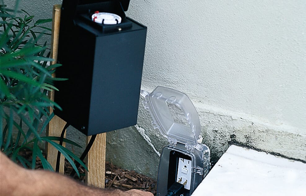 A transformer is plugged in for the outdoor lights.