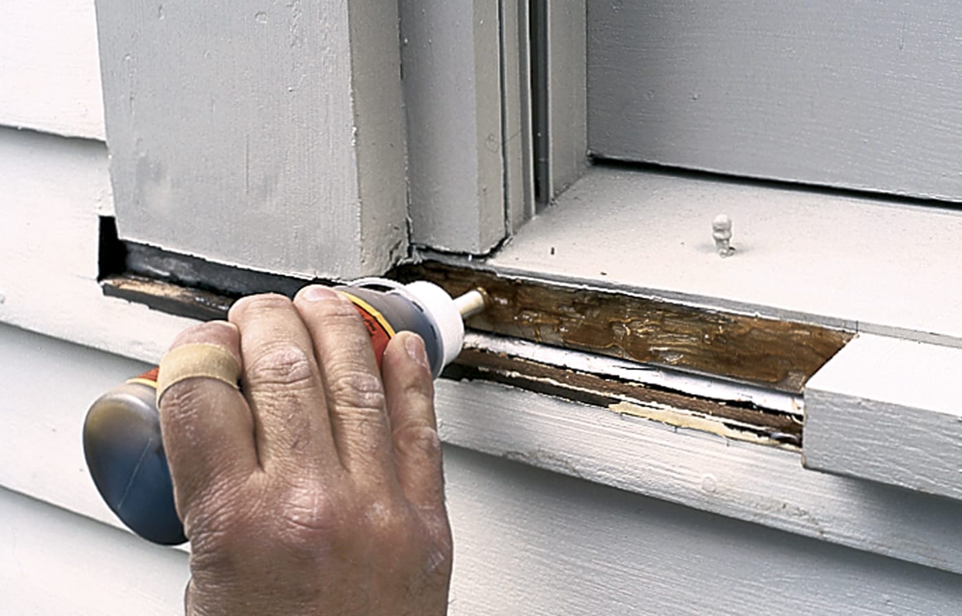 A person puts wood glue where the rot damage had been removed from.