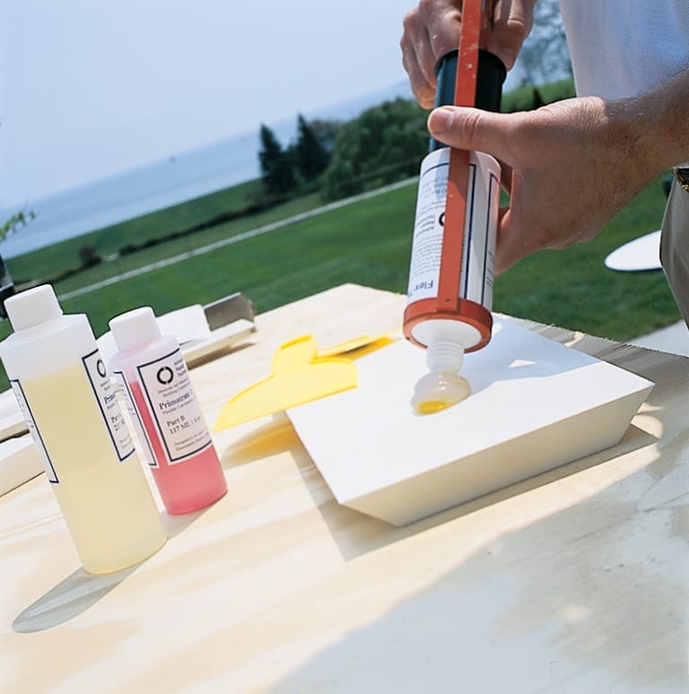 Resin and hardener is blended to be used to repair the rotten trim.