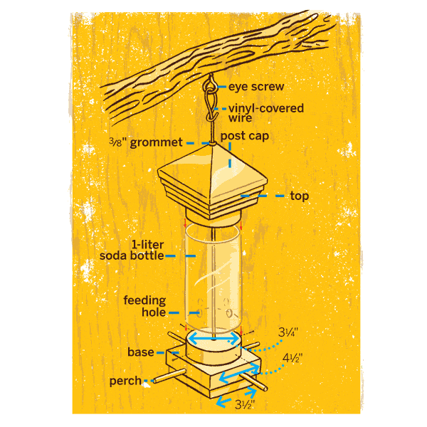 A labeled diagram depicting a hanging bird feeder