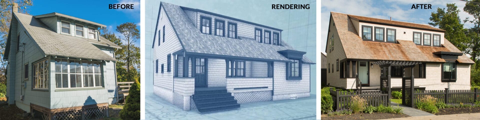 Graphic showing the beginning stages of a renovation, the rendering of the project, and the final results.