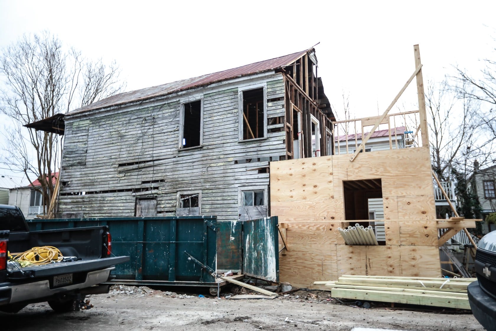 Dilapidated two-story house.