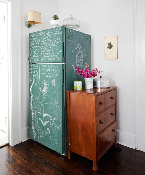 A fridge painted to look like a chalkboard