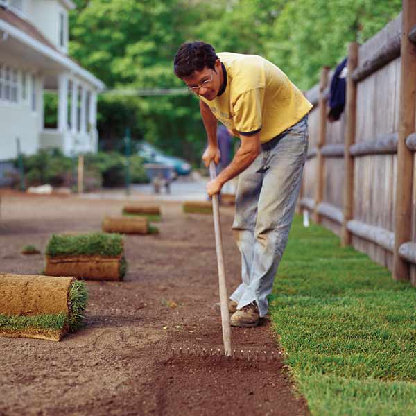 A man pulling a rake across the soil of a lawn that is being built.