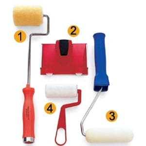 Different sizes and types of paint rollers.