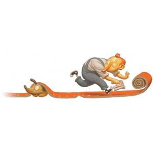 A cartoon of a man rolling out carpet