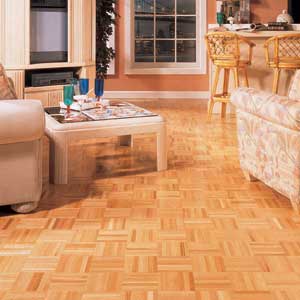 Parquet Flooring comes in square pieces instead of in strips or planks. This Harris Square oak parquet floor from Harris-Tarkett was installed in a conventional basketweave pattern. 