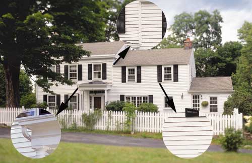 A white house with close up photos of siding and gutters