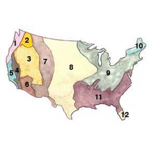Native plant climate zone map showing 12 distinct regions across continental United States.