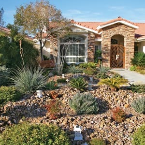 Drought-resistant plants and rock garden in front of house.