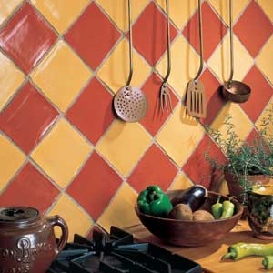 A unique pattern on a kitchen backsplash.