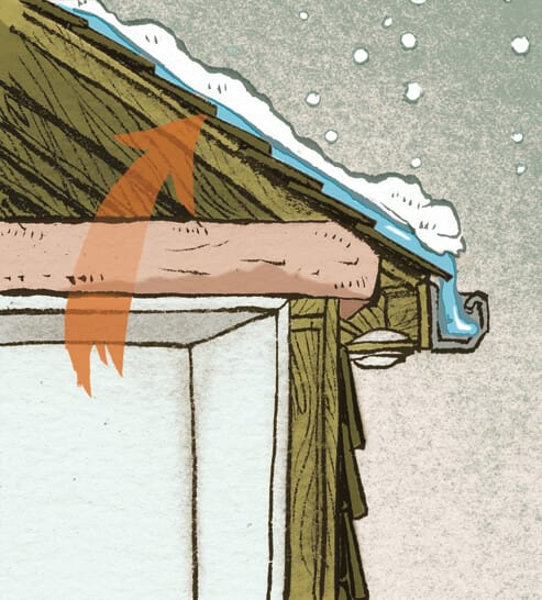Illustration showing how an ice dam forms.