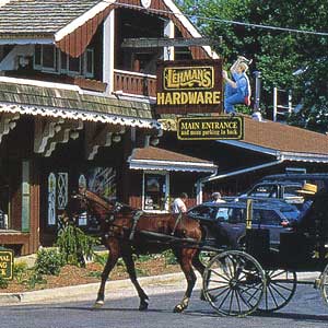 A horse-drawn carriage in front of Lehman's Hardware