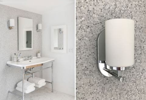 A pebble-stone accent wall in the third-floor bathroom.