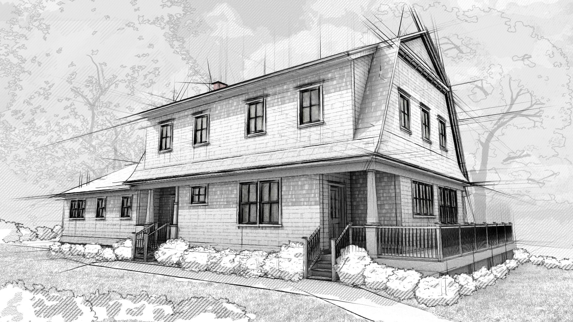Architectural rendering showing a finished Dutch Colonial home with everyday entry on right and formal front door on left.